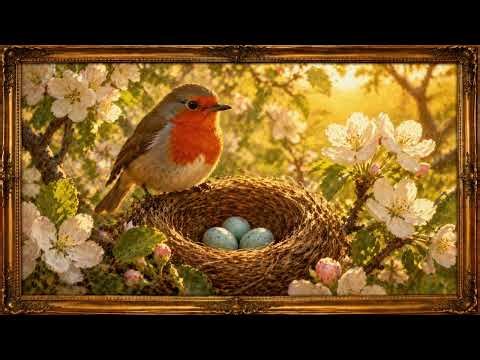 Robin With Nest in an Apple Tree | 4K Framed Art Screensaver | 2 Hours Silent Display for Your TV