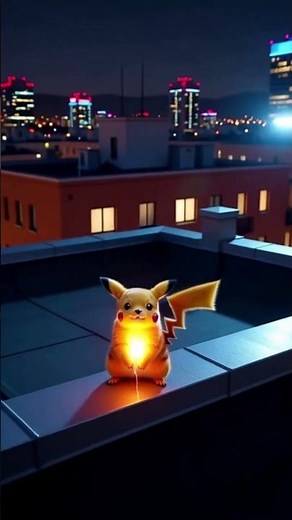 Pikachu charging up on top of a city rooftop at night