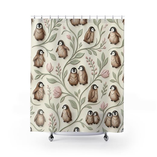 Baby Penguins Shower Curtain | Woodland Botanical Nursery Bathroom Decor - Etsy