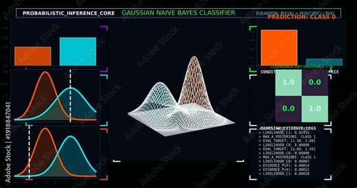 Gaussian Naive Bayes Classifier Visualization with Probabilistic Model, Statistical Distribution Analysis, Predictive Analytics Concept and Machine Learning Data Science Technology