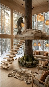 A real tree grows through this winter loft — nature and modern comfort in perfect harmony. Would you sleep here? #Treehouse #ModernCabin #WinterHome #LoftDesign #NatureInspired #ScandinavianDesign ⚠️ AI-generated concept visualization. | Dream Path Builds