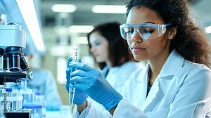 Female scientists conducting advanced microbiology and biotechnology experiments in a contemporary laboratory setting.