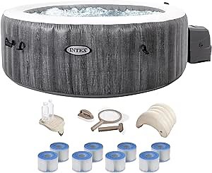 Intex PureSpa Plus Greywood Inflatable Bubble Jet Spa Hot Tub and Deluxe Bundle with LED Light, 3 Headrests, Refreshment Tray, and Maintenance Kit