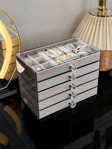 1pc 7-Grid 5-Tier Velvet Jewelry Box, Drawer Style Jewelry Box, Ring Box, Earring Storage Box; Drawer Style Jewelry Storage Box, 3-Layer Transparent Plastic And Velvet Drawer Jewelry Storage Box | SHEIN