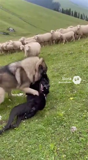 Black wolf nearby, Caucasian Shepherd holds position in the snow.