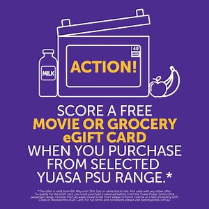 18 reactions · 15 shares | Get more for your battery with a bonus Movie or Grocery eGift Card when you purchase selected Yuasa PSU range batteries.* *For full terms and conditions please visit www.batteryworld.com.au | Battery World | Facebook