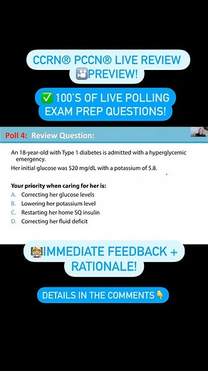 ☝️One of the MOST important aspects of studying for the CCRN and PCCN, is practicing TONS of practice exam questions. During my live review, you’ll get the opportunity to practice 100s of exam prep questions during my live polls, and get immediate feedback on your answer. 👩🏼‍🏫Additionally- after the session, stay on Zoom where you’ll join other nurses for a live Q&A session! 🗓️Session 1 begins Nov. 11th 2024! 🔗Enroll with the link in my bio! Ps. Did you get the question right?😉 #criticalca