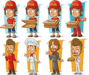 Cartoon pizza delivery boy and cook chef restaurant character vector...