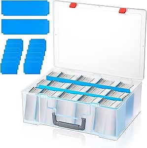 RoundFunny Trading Storage Box for 3" x 4" card Plastic Card Holder with 2 Long Divider Card Holders 12 Movable Dividers Card Holders Card Hard Case for Trading Cards Sports Cards Holds 600+ Cards