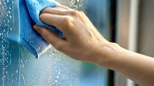 Professional female hands wiping wet window glass, removing condensation with blue microfiber cloth and revealing clear view outside, demonstrating thorough domestic cleaning technique