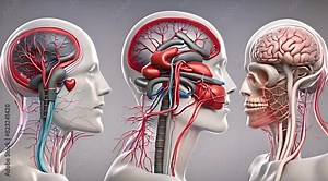3D rendering of three human head with heart, brain, and skull from three angles, for medical presentations, and psychological studies