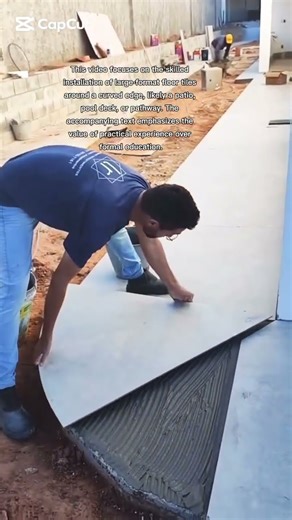 skillfully performing triangular piece of the large tile