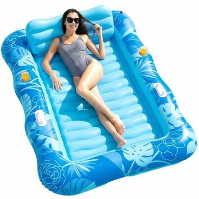 Premium Inflatable Pool Float Lounge With Headrest And Cup Holders, Breathable Water Hammock Raft, Summer Outdoor Water Floating Bed For Pool Lake Beach Party, 2 Colors & Multiple Sizes Optional,Lightweight, Foldable And Easy To Carry, Blue Plant | SHEIN