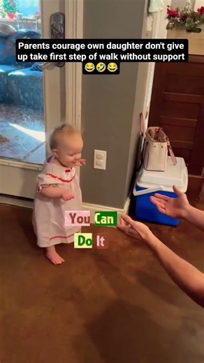 Parents courage own daughter don't give up take first step of walk without support😂#firstwalk#baby