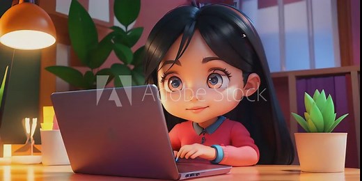 render of cartoon girl character working on a laptop girl Illustrations seamless loop animation
