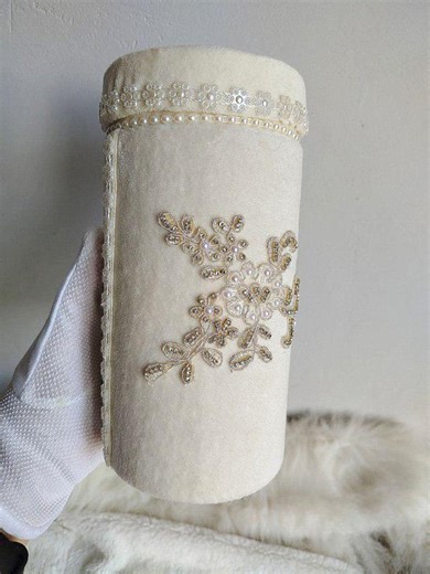 Ivory Velvet Cylinder Box With Gold Lace and Pearls, Tall Jewelry Organizer, Luxurious Cotton Pad Holder, Elegant Boudoir Decor. - Etsy