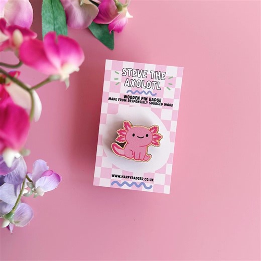 Axolotl Pin Badge | Pink Eco Friendly Wooden Badge - Etsy
