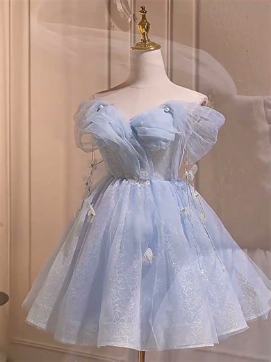 Blue Gauze Birthday Evening Dress Off the Shoulder Graduation Princess Ball Gown #birthdaydress