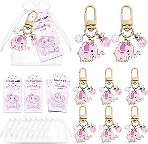 12 Sets Baby Shower Pink Elephant Keychains It's a Girl Return Favor for Guests with Pink Flower Stars White Organza Bags and Thank You Cartoon Tags Elephant Theme Party for Kids Party Supplies (Girl)