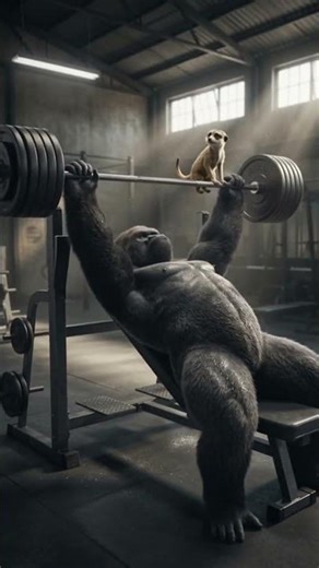 A gorilla bench-pressing 200kg while a small meerkat acts as his spotter.