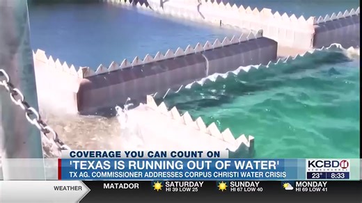 KCBD NewsChannel 11: Sid Miller Sounds Alarm Over Corpus Christi Water Crisis Texas Agriculture Commissioner Sid Miller is warning that the looming water crisis unfolding in Corpus Christi is a harbinger of what may happen throughout the state without immediate, sustained action. “Texas is running out of water, and the crisis in Corpus Christi is the canary in the coal mine. Coastal communities like Corpus sit at the end of the line. When upstream supplies drop or saltwater pushes in, South Texa