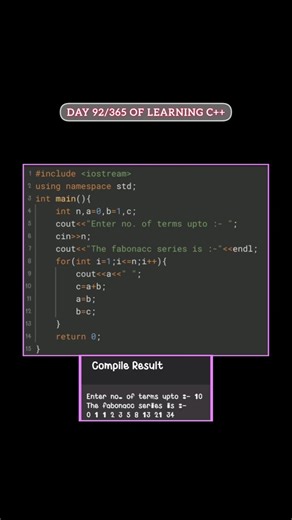 Printing Fibonacci series using c++... #coder #coding #programming #trending #viral