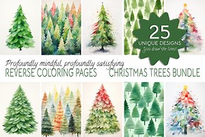Reverse Coloring Pages - Christmas Tree Bundle - 25 Unique Watercolor Designs - You Add the Lines - Reverse Revelations Holiday Fir & Pine - Etsy