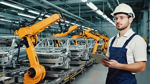 engineer supervising car production line in automotive factory, robotic arms assembling vehicles