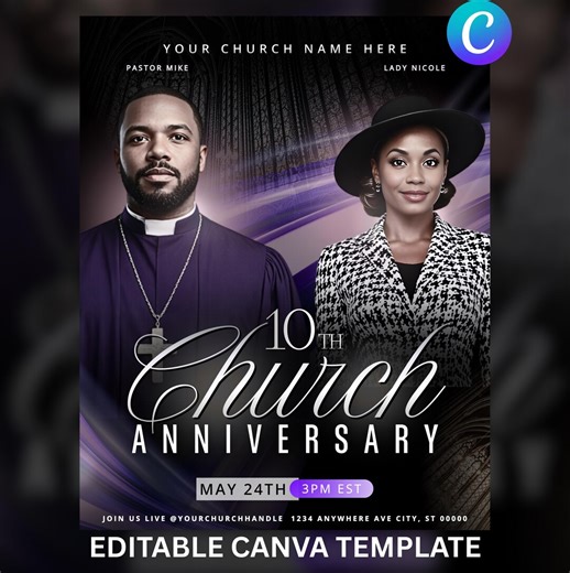 Church Anniversary Church Flyer | Editable Canva Template | Pastor First Lady Anniversary Announcement | Anniversary Service Program - Etsy