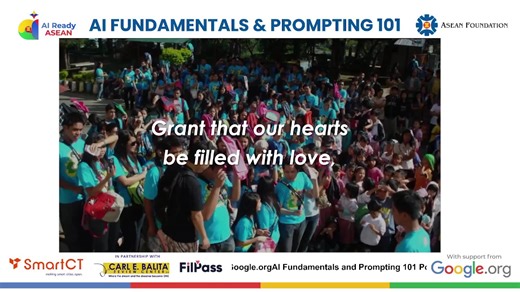 AI Fundamentals and Prompting 101 Powered by: CBRC, ASEAN Foundation, SmartCT and Google.org FEBRUARY 17, 2026 I 6:00PM-7:00PM Get a chance to win an iPad when you REGISTER: https://forms.gle/4APUzkW5muNE8tvWA Get FREE AI literacy training at www.aiclassasean.org using the referral code: NWCGI Get your Certificate of Participation here: https://app.filpass.ph/workflows/v1/6981b2f268eb228d802702ff Disclaimer Notice: No copyright infringement intended. | Carl E. Balita