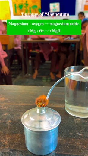 Vineet Chaudhary on Instagram: "✨Burning of magnesium . Reactions involved: 2Mg + O₂ → 2MgO. Explanation : dazzling white flame as seen. MgO + H₂O → Mg(OH)₂ To test basic nature we added some phenolphthalein which turns pinkish .. #science #chemistry #reaction #chemicalchange #funscienceforkids #primaryschool #experiment #laboratory"
