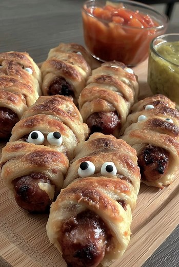 🌭👻 Mummy Hot Dogs 🎃🕸️ A spooky Halloween twist on pigs in a blanket – hot dogs wrapped in crescent dough “bandages,” baked until golden, with mustard eyes peeking through! 👀 Ingredients: * 1 can refrigerated crescent roll dough * 8 hot dogs * 2 slices cheddar cheese (optional, cut into strips) ...... Full Recipe in Coʍmеոτ 💬 | Meal Prep Recipes