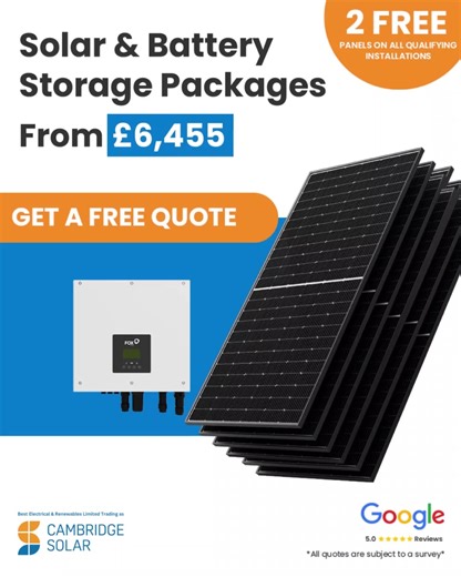 Power Your Home, Cut Your Bills! 🌞 Why keep paying more for electricity when you can switch to clean, cost-effective solar with Cambridge Solar? ✔ Save Up to 70% on Your Energy Bills – Enjoy huge savings every month. ✔ Premium Panels & Batteries – Built to last, with up to 30-year warranties. ✔ MCS & NICEIC Certified Installers – Over 20 years of trusted experience. ✔ Fixed-Price Guarantee – No hidden fees, just clear quotes. 🚨 Special Offer: Get 2 FREE Solar Panels with Every Installation! Ba