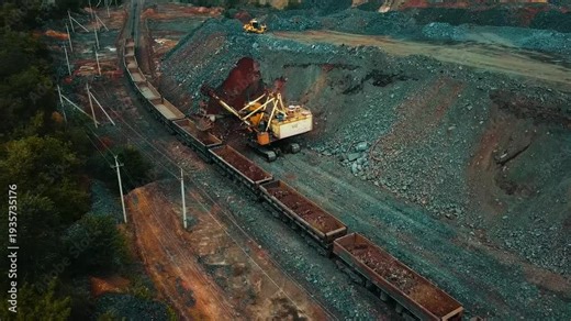An excavator loading iron ore works in a quarry; the video was captured using a drone.