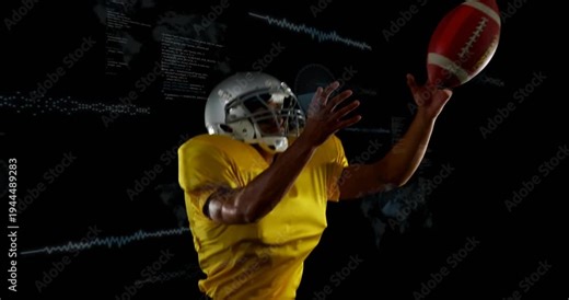 Sports athlete tracking incoming ball, catching, tucking to secure ball with HUD forming behind him