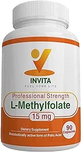 INVITA L-Methylfolate (15mg) - Professional Strength Active Methyl Folate - 5-MTHF Supplement for Energy, Mood & Immune Support - Non GMO, Gluten Free, No Fillers (15 mg)