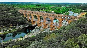 Aerial view of the aqueduct bridge with arched tiers in France. Drone view of Pont du Gard the highest Roman aqueduct bridge in the world.