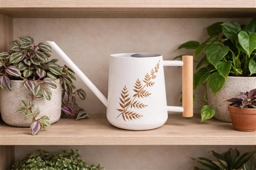 Hand Painted Botanical Indoor Plant Watering Can, White With Gold Fern, Right-handed, Stainless Steel With Wooden Handle - Etsy