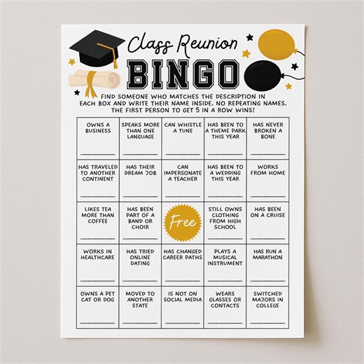 Class Reunion Bingo, Find the Guest Mix and Mingle Bingo, Human Bingo Printable, Find Someone Who, Getting to Know You, Digital Download - Etsy
