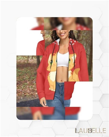 LauBelle - Women's Cozy Fleece Full-Zip Hoodie - Cute Kitten Graphic Print - Red