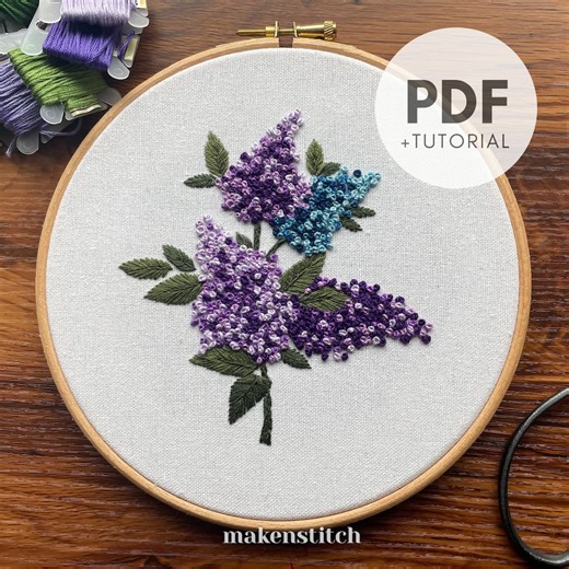 Lilac Floral Hand Embroidery Pattern: Beginner DIY (PDF   Video Tutorial) - Etsy