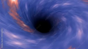 A 3D animation of a black hole pulling in nearby stars and matter, with intense gravitational distortion and glowing accretion disks spinning around it. Generative AI