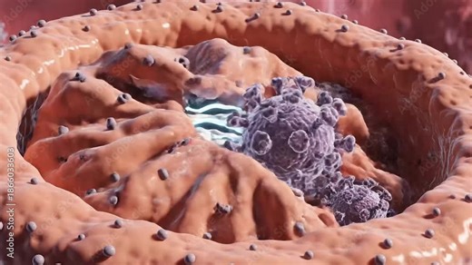 Virus within the body inside an entity with circular and elongated patterns.