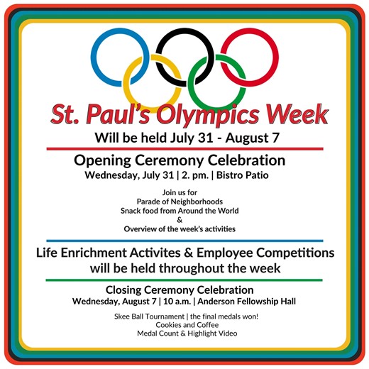 4.4K views · 23 reactions | The 2024 Olympics Games in Paris officially started – and the ST. PAUL’S OLYMPICS FUN will start next week! Stay tuned throughout the week for updates of the FUN! Enjoy the Official Games on television – GO Team USA – and next week we’ll all root for TEAM ST. PAUL’S!  #Olympics #lifeatstpauls #seniorliving #JoinOurTeam | St. Paul's Senior Living Community | Facebook