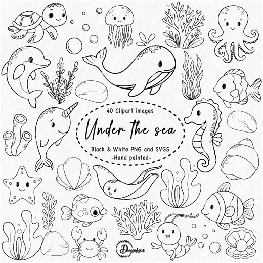 Under the Sea Clipart, Cute Ocean Animals Outline PNG SVG, Black and White Sea Line Art Creatures for Kids Crafts & Coloring Pages, Cricut - Etsy