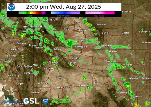9.5K views · 57 reactions | Most locations across western and central WY will see at least a few sprinkles of rain today. Here is a look at future radar trends for the rest of the day and tonight. Also shown on the map are locations of active wildfire perimeters (red outlines). Notice that most of those fires should see at least some rainfall today and tonight. More showers and thunderstorms are expected tomorrow as well. | US National Weather Service Riverton Wyoming | Facebook