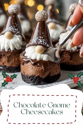 32K views · 142 reactions | Chocolate Gnome Cheesecakes : Rich, Creamy & Adorably Whimsical. Mini Chocolate Cheesecakes Dressed as Festive Christmas Gnomes! | Cooking Taste | Facebook