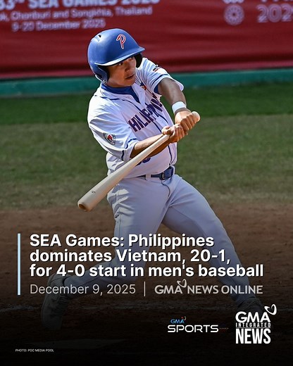 FOUR GAMES, FOUR WINS 🇵🇭 The Philippine men's baseball team continued on its still-perfect run in the 2025 Southeast Asian (SEA) Games after pulling off a dominant 20-1 win against Vietnam on Tuesday in Thailand. The Filipinos needed just seven innings to stun the Vietnamese squad and improve to 4-0 in the team standings. It has been a stellar run so far for the Philippines after opening its campaign with a 14-0 shutdown against Indonesia last Saturday before cruising to 17-3 and 21-0 victorie