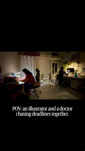 Sri Priyatham | Illustrator on Instagram: "Just us - Working, hustling, panicking but everything- Together! 🙂 @gayathri_ramaseri #artofpriyatham #justustwo #artistsoninstagram #doctorsofinstagram #doctor #wife #weareinthistogether #hustle #studiospace #artreels #reelitfeelit #reelsinstagram #reelkarofeelkaro #reelstagram #workspace"