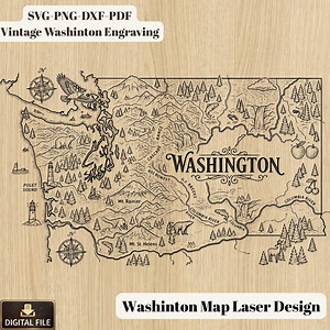 Washington State Map Vintage Washington Engraving Map | Laser Engraving CNC File | Washington State Design Svg Png Dxf Pdf Digital Download - Etsy